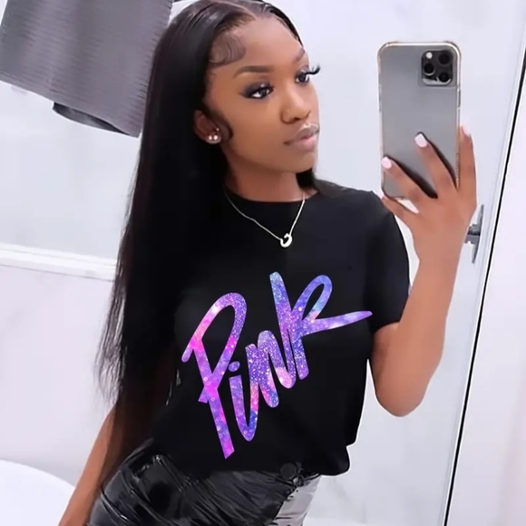 NWT !! Black T-Shirt with the Word PINK Printed on Front in Gradient Lettering💖 - Picture 9 of 16